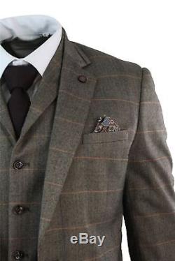 Mens 3 Piece Tan Brown Check Tweed Herringbone Vintage Slim Fit Suit