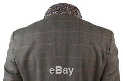 Mens 3 Piece Tan Brown Check Tweed Herringbone Vintage Slim Fit Suit