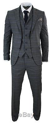 Mens 3 Piece Tweed Check Grey Blue 3 Piece Suit Slim Fit Retro Vintage Formal