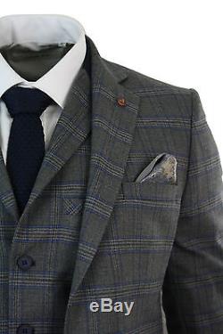 Mens 3 Piece Tweed Check Grey Blue 3 Piece Suit Slim Fit Retro Vintage Formal