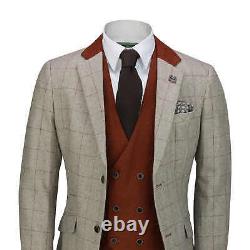 Mens 3 Piece Tweed Herringbone Red Check on Beige MOD Vintage Suit Tailored Fit