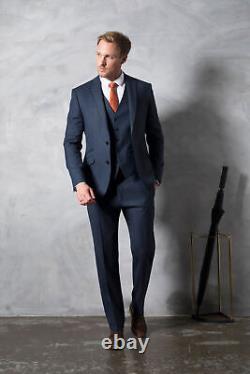 Mens 3 Piece Tweed Suit Blue Herringbone Wedding Formal