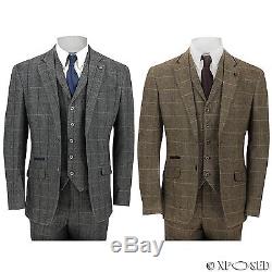 Mens 3 Piece Tweed Suit Vintage Herringbone Check Retro Slim Fit Tan Brown, Grey
