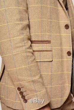 Mens 3 Piece Tweed Suit Wedding Party Slim Fit Check Blazer Waistcoat Trouser
