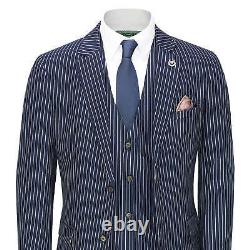 Mens 3 Piece White Pin Stripe on Blue Suit Retro Fitted 1920s Peaky Blinders