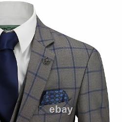 Mens 3 Piece Windowpane Blue Check Brown Vintage Tailored Fit Smart Formal Suit