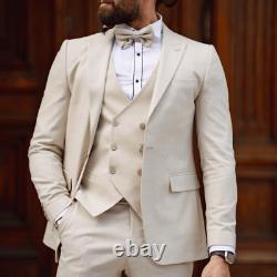 Mens Beige 3 Piece Groom Wedding Suit Double Breast Waistcoat Slim Fit Suit