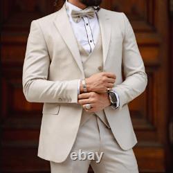 Mens Beige 3 Piece Groom Wedding Suit Double Breast Waistcoat Slim Fit Suit