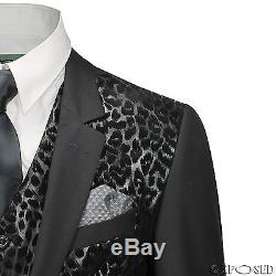 Mens Black Leopard Print 3 Piece Slim Fit Funky Italian Style Suit Wedding Party
