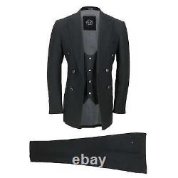 Mens Black Vintage 3 Piece Double Breasted Suit Fitted Jacket Waistcoat Trousers