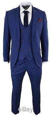 Mens Blue Check Retro Vintage Double Breasted Waistcoat 3 Piece Suit Slim Fit