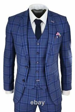 Mens Blue Navy Prince Of Wales Check 3 Piece Suit Classic Slim Fit Wedding Prom