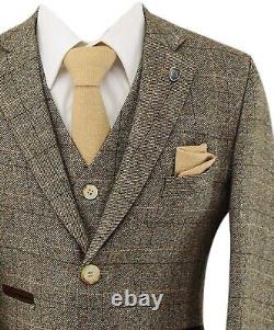 Mens Boys Tweed Suit Windowpane Check Father Son Beige Tailored Fit 3 Piece Set