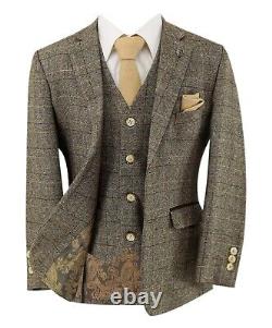 Mens Boys Tweed Suit Windowpane Check Father Son Beige Tailored Fit 3 Piece Set