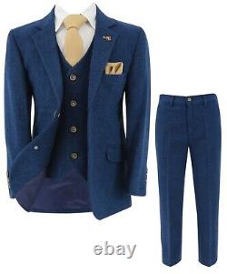 Mens & Boys Tweed Suit Wool Slim Fit Blue Wedding Business 3 Piece Matching Set