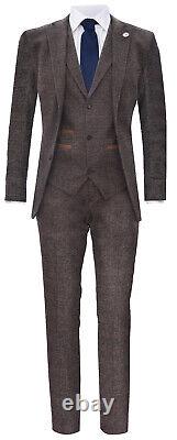 Mens Brown 3 Piece Tweed Suit Herringbone Wool Vintage Retro Peaky Blinders