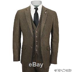 Mens Brown 3 Piece Wool Mix Herringbone Tweed Suit Vintage Smart Formal Slim Fit