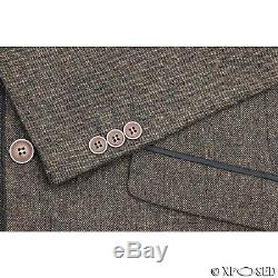 Mens Brown 3 Piece Wool Mix Herringbone Tweed Suit Vintage Smart Formal Slim Fit