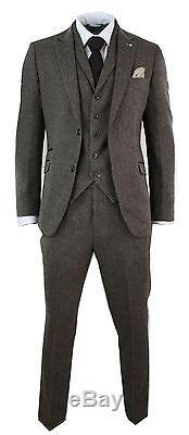 Mens Brown Herringbone Tweed Wool Mix Black 3 Piece Vintage Retro Suit Slim Fit