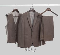 Mens Brown HerringboneTweed 3 Piece Suit Slim Fit Wool Tom Percy RRP£329.99