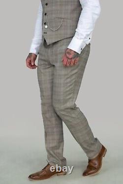 Mens Cavani 3 Piece Suit Beige Stone Check Vintage Slim Fit Bespoke Wedding Suit