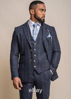 Mens Cavani 3 Piece Suit Check Blue Tweed Wool Slim Fit Formal Wedding Suit