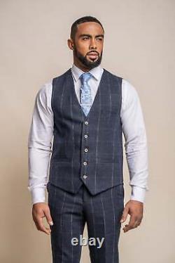 Mens Cavani 3 Piece Suit Check Blue Tweed Wool Slim Fit Formal Wedding Suit