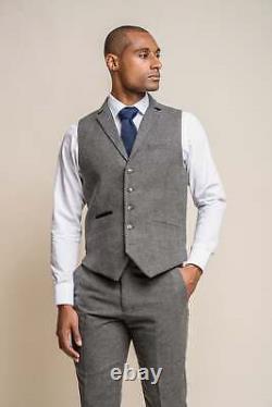 Mens Cavani 3 Piece Suit Herringbone Grey Tweed Slim Fit Formal Wedding Suit