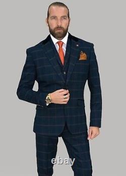 Mens Cavani Blue 3 Piece Suit Check Tweed Vintage Slim Fit Formal Wedding Suit