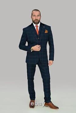 Mens Cavani Blue 3 Piece Suit Check Tweed Vintage Slim Fit Formal Wedding Suit