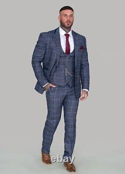 Mens Cavani Blue Grey 3 Piece Suit Check Tweed Slim Fit Formal Wedding Suit