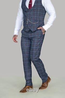 Mens Cavani Blue Grey 3 Piece Suit Check Tweed Slim Fit Formal Wedding Suit