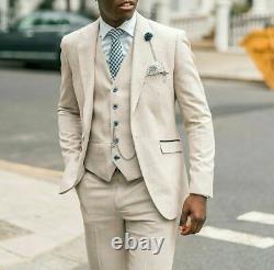 Mens Cavani Caridi Beige Slim Fit Check Tweed Wedding 3 Piece Suit 36-52