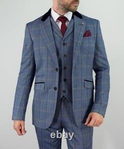 Mens Cavani Connall 3 Piece Blue Check Tweed Slim Fit Suit Great For Weddings