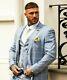 Mens Cavani Light Sky Blue Check Windowpane Wedding Tailored Fit 3 Piece Suit