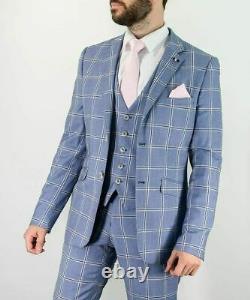 Mens Cavani Light Sky Blue Check Windowpane Wedding Tailored Fit 3 Piece Suit