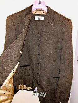 Mens Cavani Premium Tweed Check Herringbone Peaky Blinders Slim Fit 3 Piece Suit