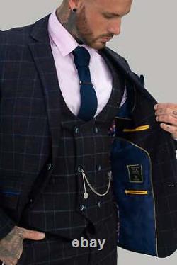 Mens Cavani Premium Tweed Navy Check Kerber Wedding Slim Fit 3 Piece Suit SALE