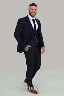 Mens Cavani Premium Tweed Navy Check Kerber Wedding Slim Fit 3 Piece Suit SALE
