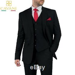 Mens Cavani Slim Fit Black Formal Wedding Blazer Waistcoat Trousers 3 Piece Suit