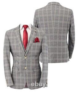 Mens Check Slim Fit Suit Formal Wedding Business Light Grey 3 Piece Set