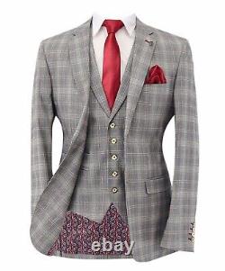 Mens Check Suit Jacket Waistcoat Trousers Slim Fit Light Grey Sold Separate Set