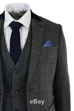 Mens Check Vintage Herringbone Tweed Charcoal Grey 3 Piece Suit Slim Fit Wedding
