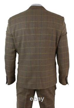 Mens Check Vintage Herringbone Tweed Light Brown Oak 3 Piece Suit Slim Fit