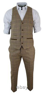 Mens Check Vintage Herringbone Tweed Light Brown Oak 3 Piece Suit Slim Fit