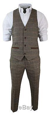 Mens Check Vintage Herringbone Tweed Tan Brown 3 Piece Suit Slim Fit Wedding