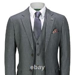 Mens Classic 3 Piece Pin Stripe Grey Suit Retro 1920s Smart Tailored Fit