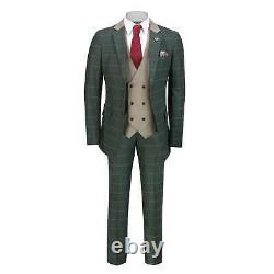 Mens Classic 3 Piece Tweed Suit Olive Green Herringbone Check Smart Tailored Fit