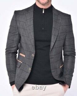 Mens Classic Tailored Slim Fit Check Print Blazer Black/Beige
