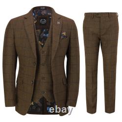 Mens Classic Tweed 3 Piece Suit Tan Brown Herringbone Check Retro Peaky Blinders